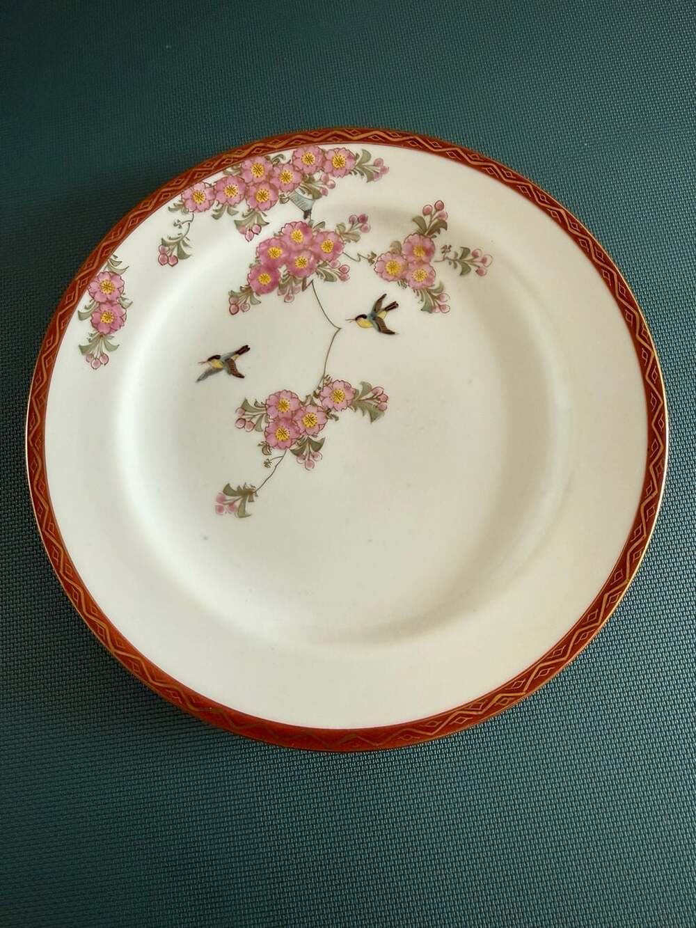Vintage Japanese Kutani Porcelain Plate with Hand Painted Cherry Blossoms and Bi